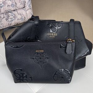 GUESS Black Embossed Monogram Tote and Pouch Set